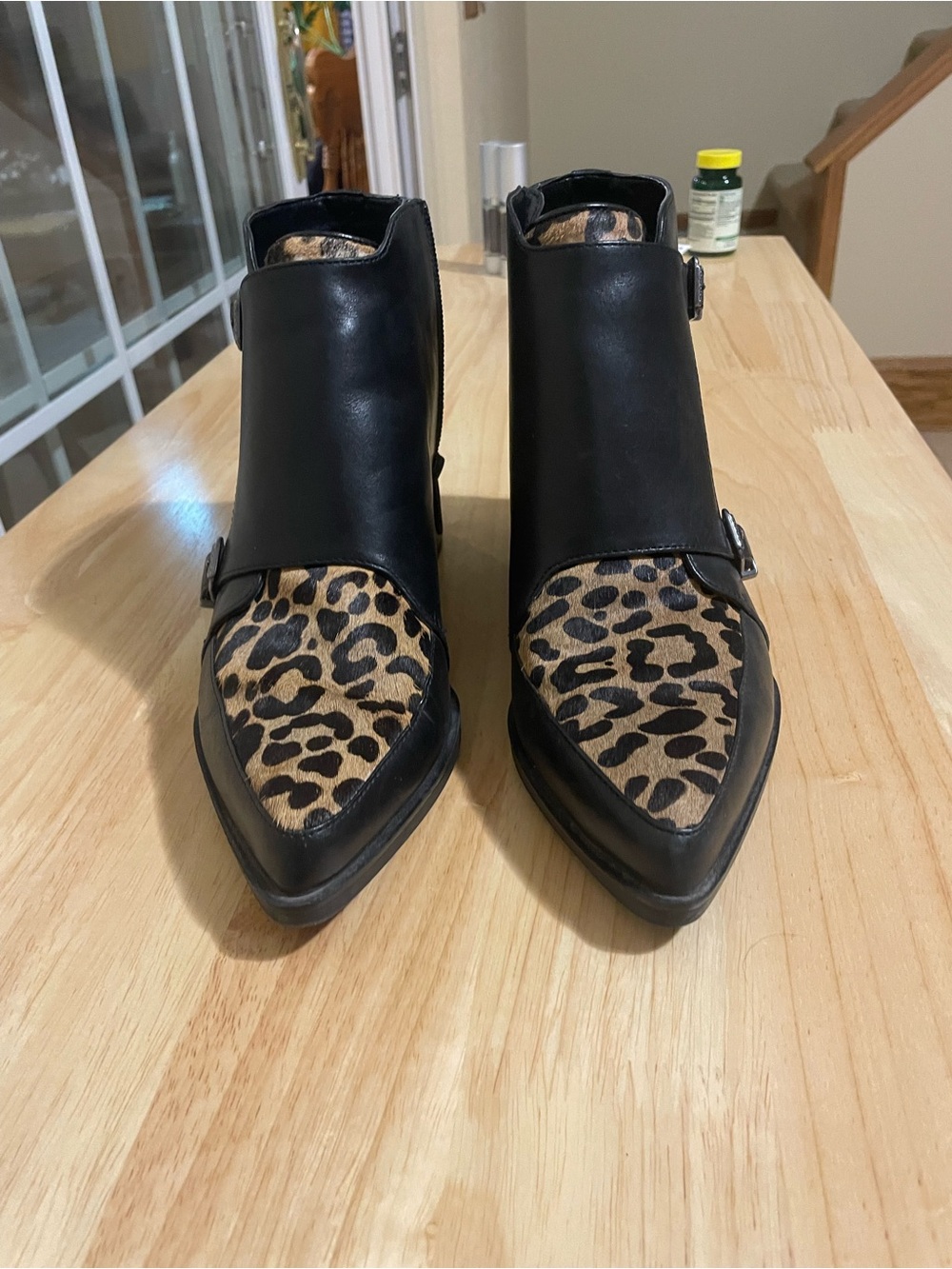 Circus by Sam Edelman Black Leather Ankle Boots with Leopard Print Toe - Picture 2 of 8
